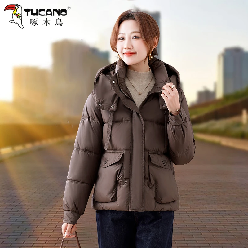 【官方品牌】 啄木鳥休闲立领连帽短款棉衣女2025冬季新款保暖棉服