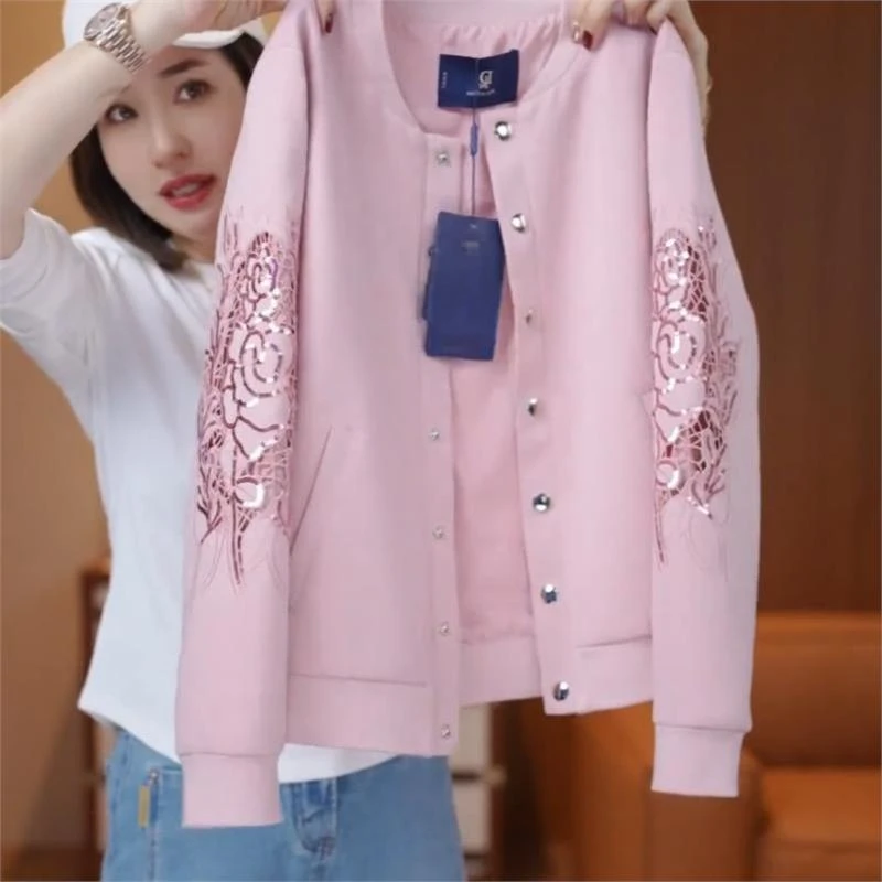 时尚百搭减龄粉色休闲外套女2025春秋季新款大码女装胖MM宽松上衣