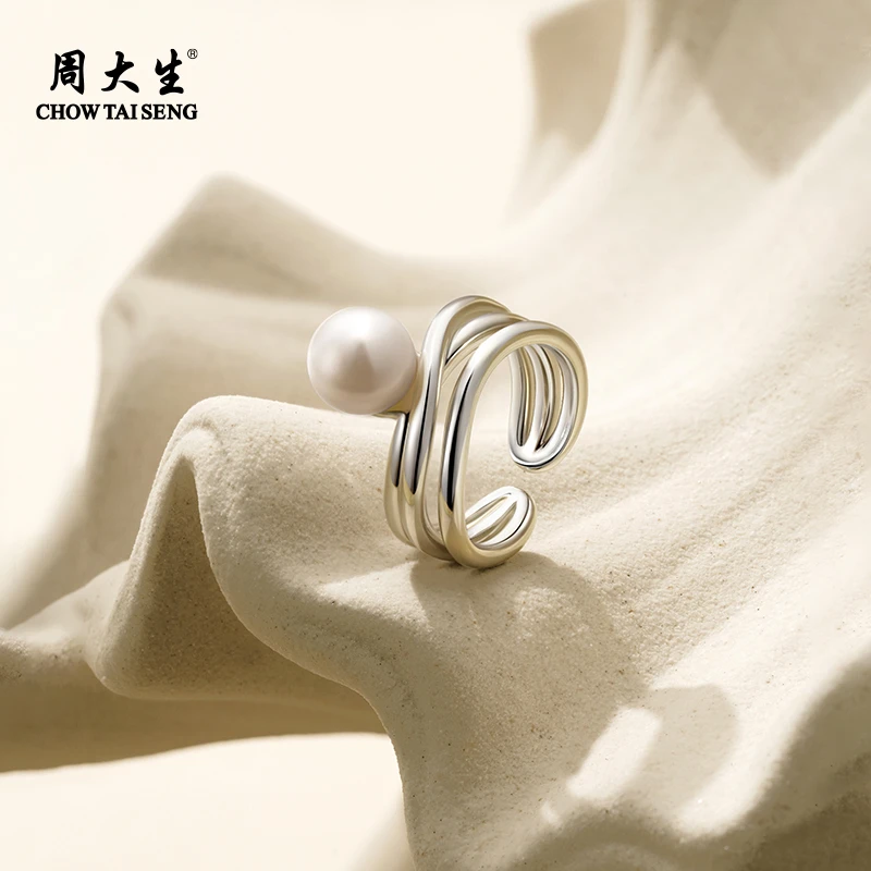 周大生大灯泡珍珠戒指女925银正圆强光泽淡水珍珠轻奢单戒8.5-9mm