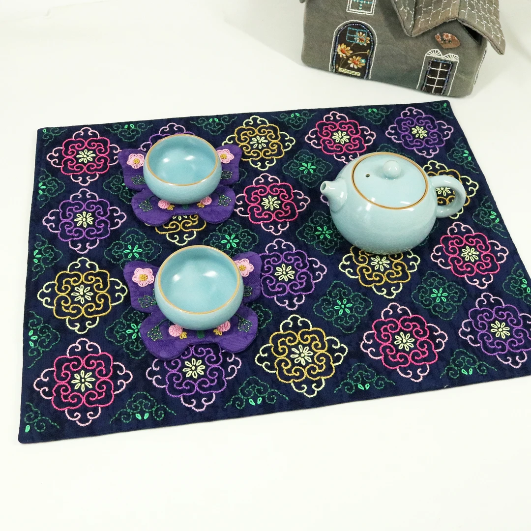 原创宝相花刺绣茶席材料包diy制作杯垫自绣解闷成人手工30*40cm