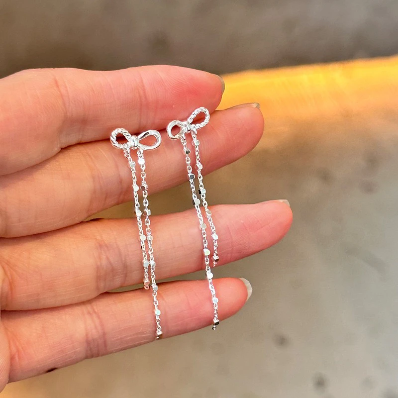 925银耳饰 925纯银不对称蝴蝶结链条流苏耳钉女简约甜美名媛耳饰