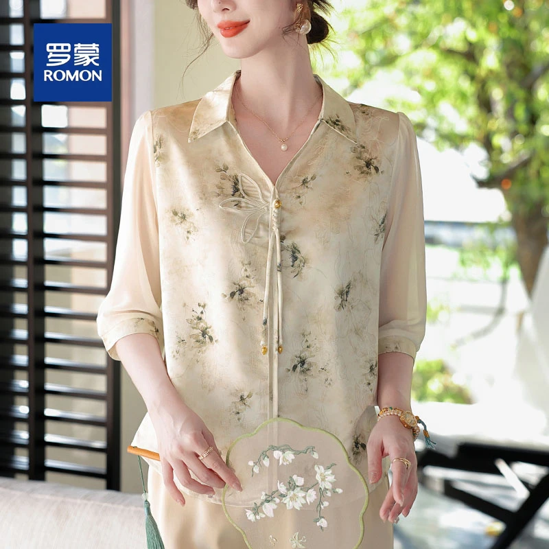 罗蒙母亲节中老年女装夏季气质套装翻领小衫妈妈装洋气高贵上衣女