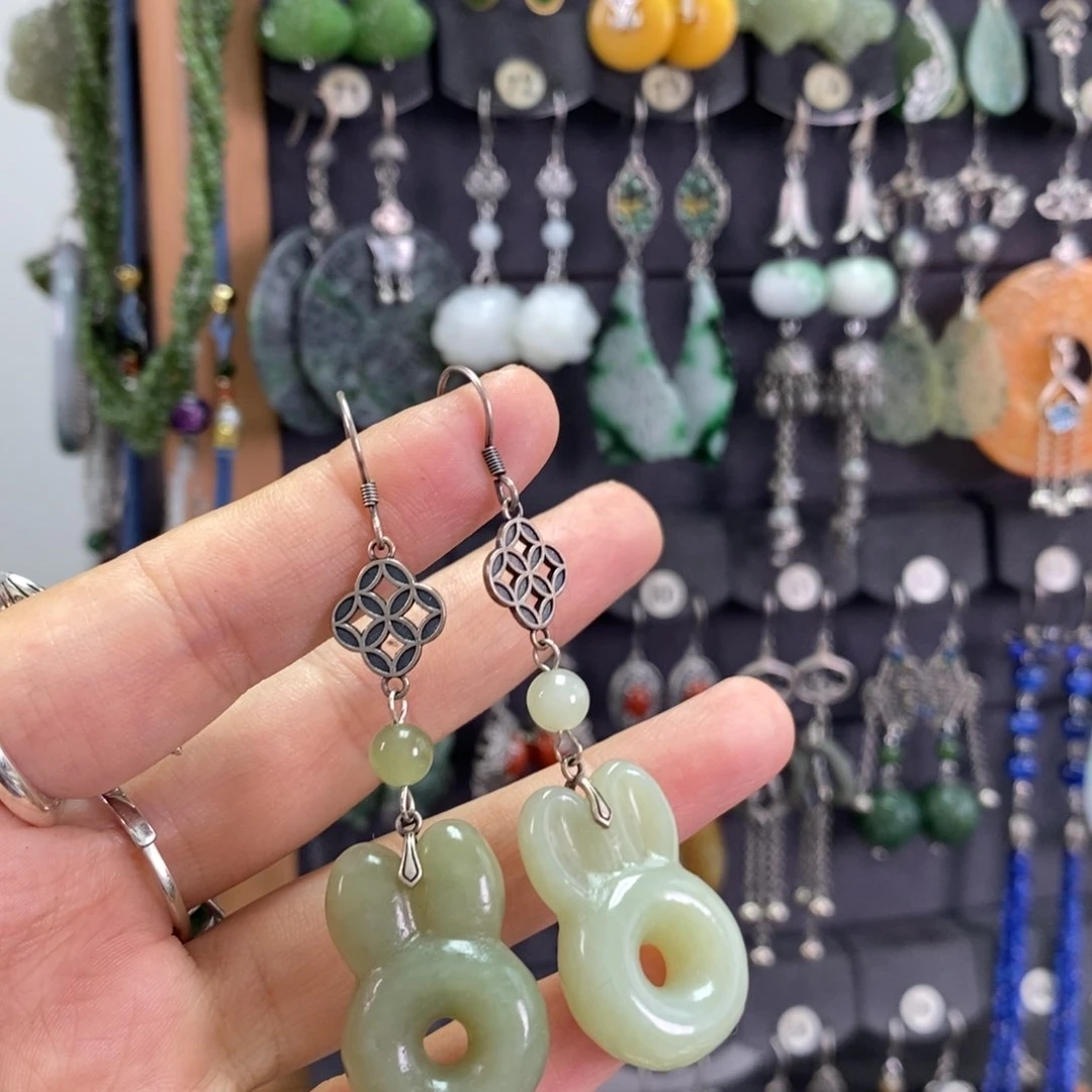 和田玉银S925镶嵌耳饰白****nX06