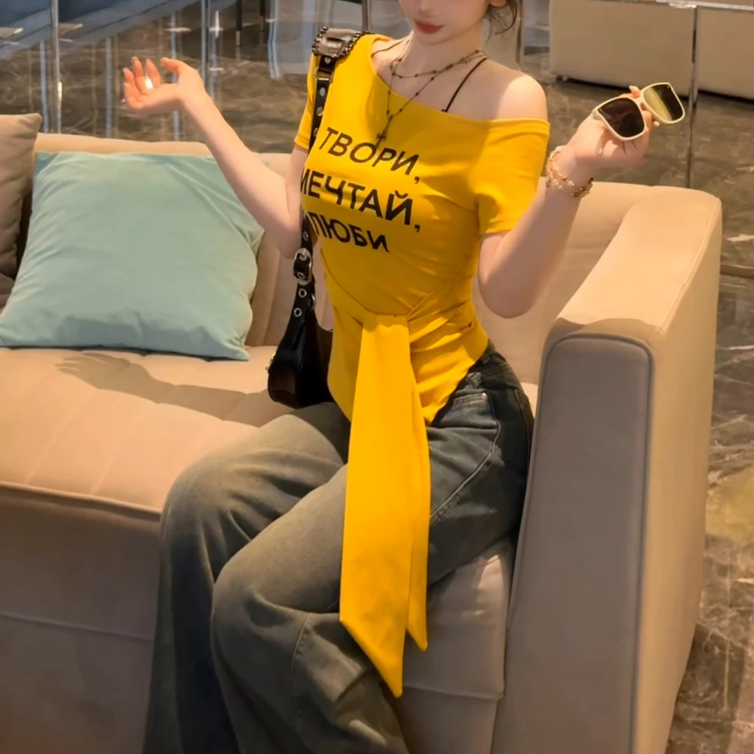 2025夏季纯欲气质绑带一字领短袖T恤女收腰显瘦露肩上衣