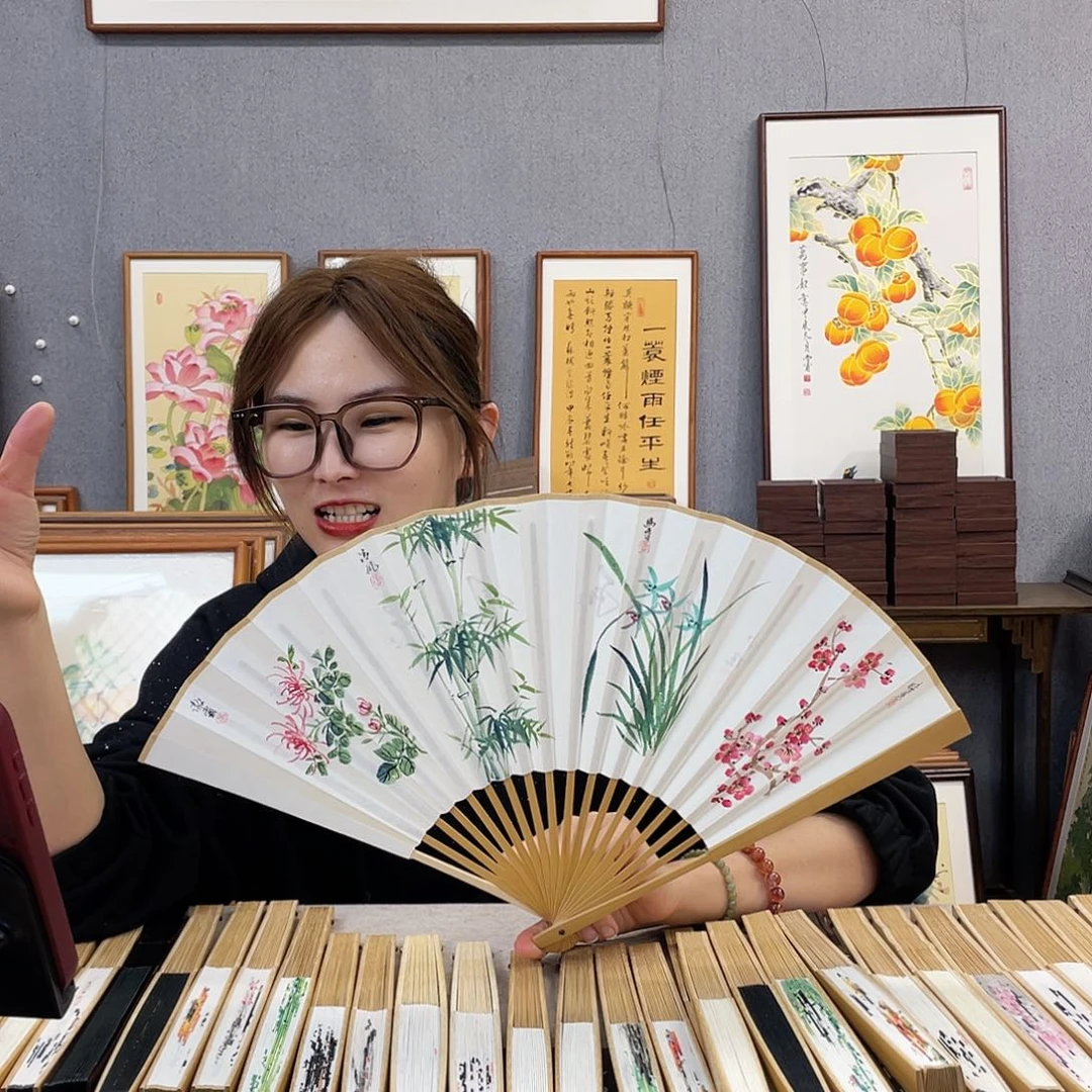 国画95寸玉竹-纯手绘-文玩扇骨（默认粘好）梅兰竹菊