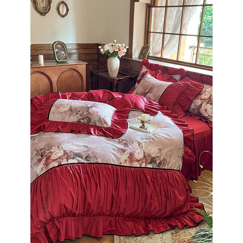 水星高端系列家纺高端复古公主风纯棉结婚庆四件套床裙被套长绒棉