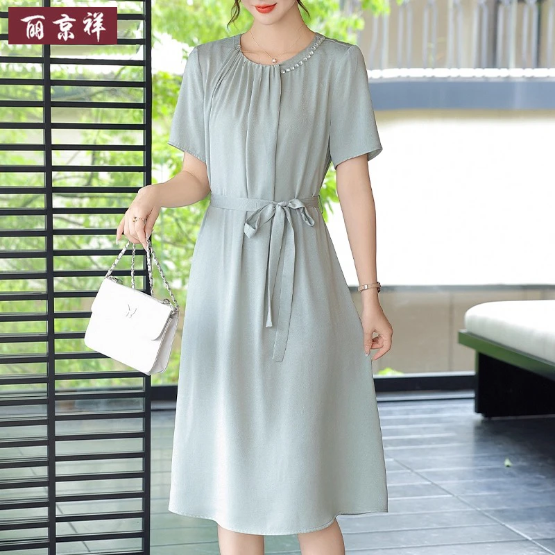 年轻妈妈时尚雪纺减龄长裙夏季新款中老年女装气质纯色束腰连衣裙