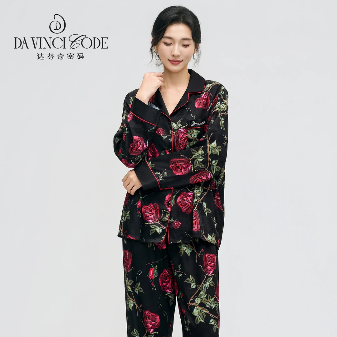达芬奇密码2025年新款黑金玫瑰花苞领睡衣女春秋长袖家居服套装