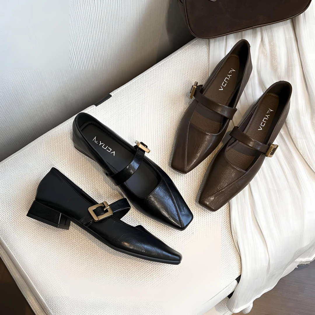 不累脚方头软皮浅口单鞋复古2025早春季新款英伦中跟晚晚鞋玛丽珍