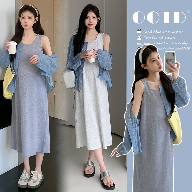 孕装「海盐芝士」复古格子防晒衫简约孕妇背心连衣裙夏季两件套装