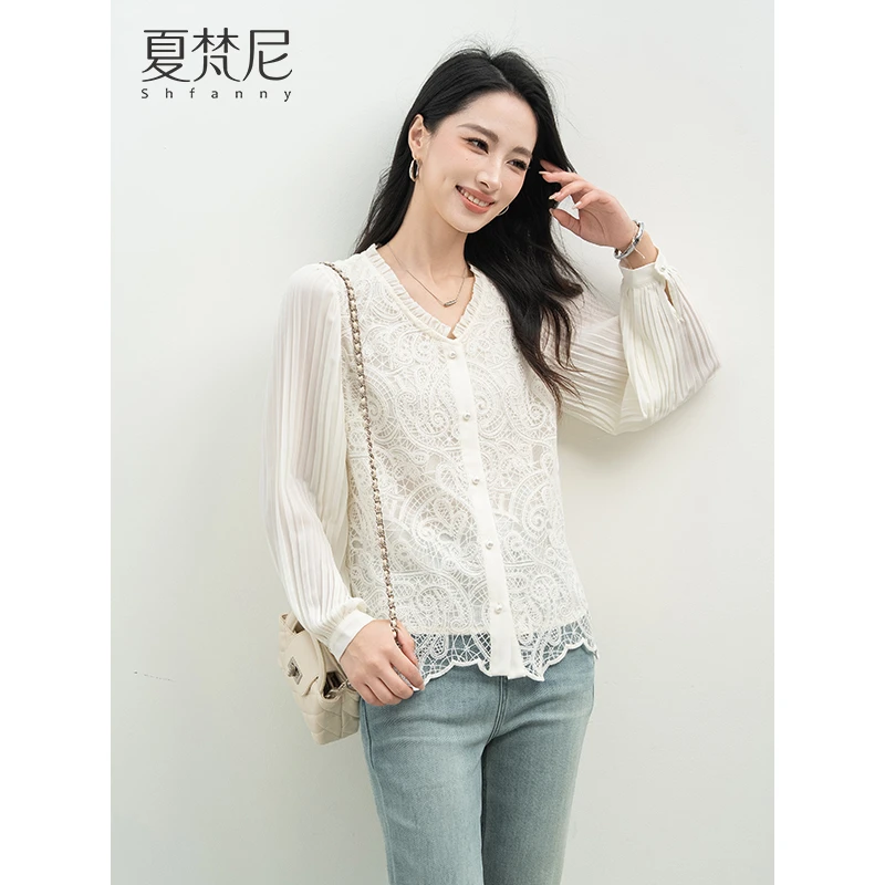 夏梵尼花漾拾光2025秋季 新款重工蕾丝拼接压褶小衫上衣