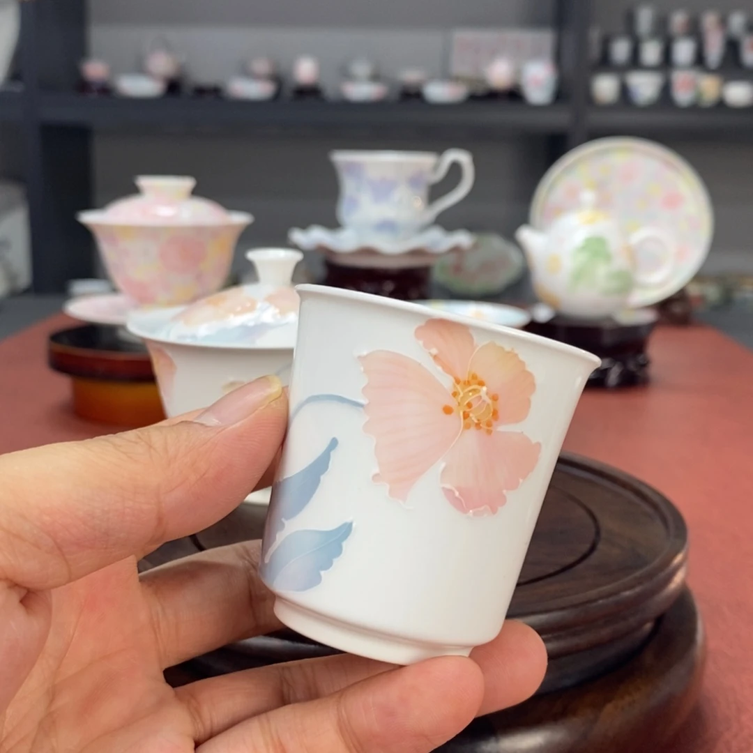 虞美人品茗杯手绘釉下高温