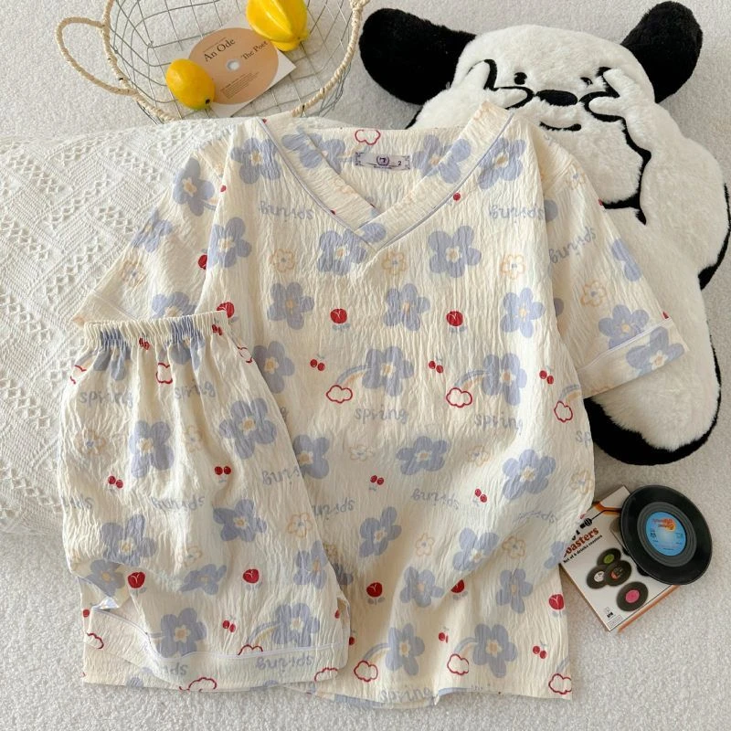 亚马逊跨境爆款夏季短袖云朵棉睡衣女宽松舒适ins抖音网红家居服