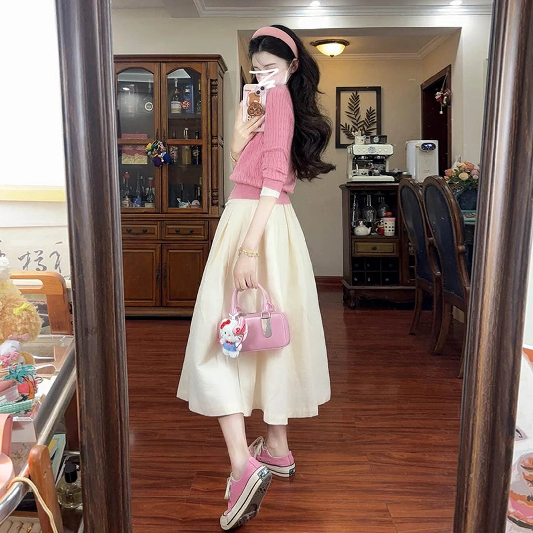 【现货+运补】慵懒风春秋穿搭粉色针织开衫韩系套装5428