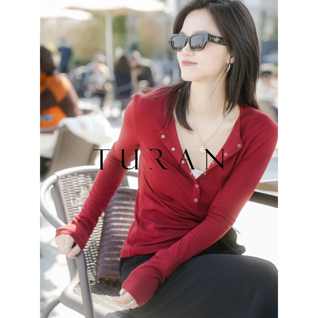 桑蚕丝修身长袖T恤莱赛尔混纺亨利领打底长袖T恤显瘦亲肤TRTG0980