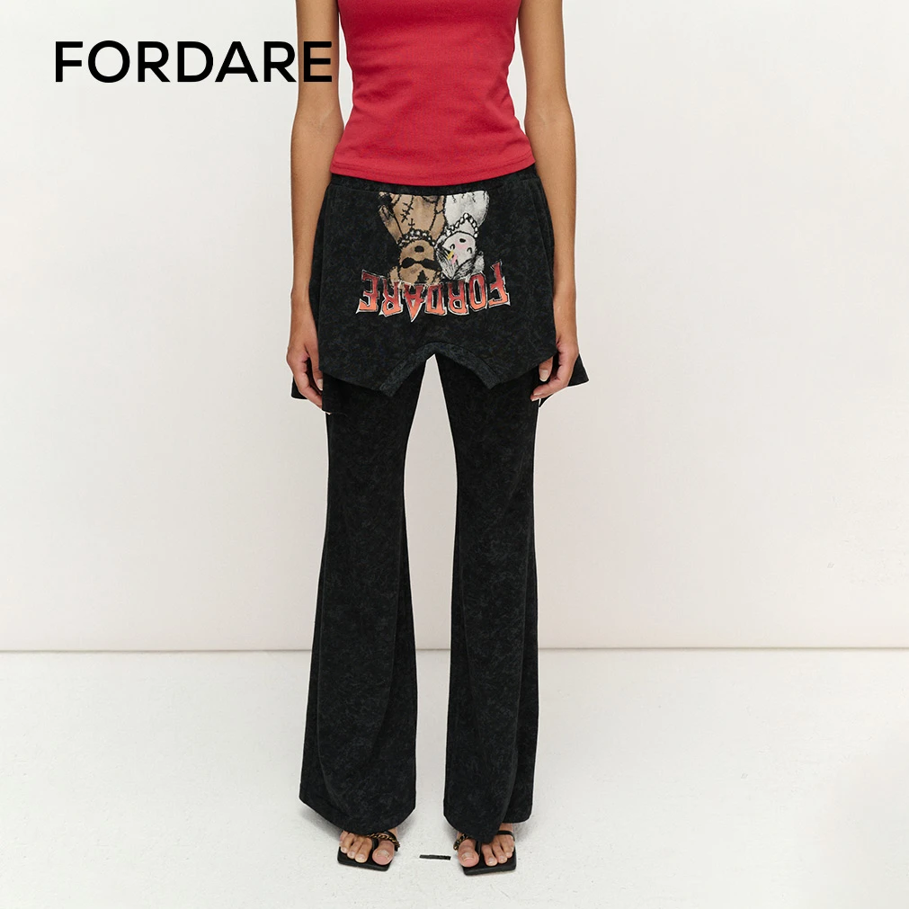 FORDARE福蝶 25夏季新品 手绘涂鸦小熊洗水裙裤休闲黑色长裤1101