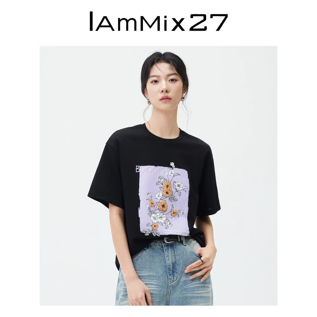 Iammix27夏季圆领T恤女短袖宽松大廓型黑色印花套头上衣Z5B8009