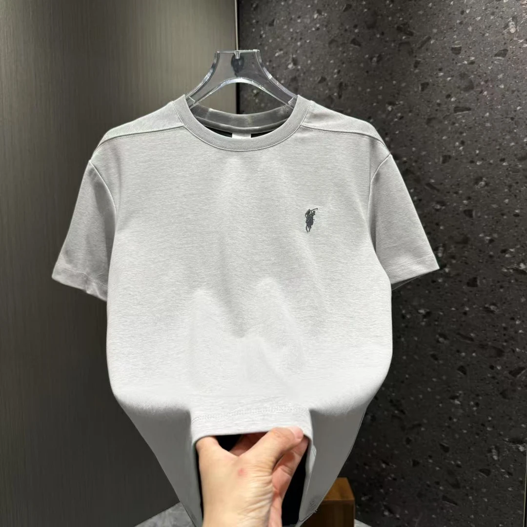 夏季男士潮流简约纯色刺绣高端短袖