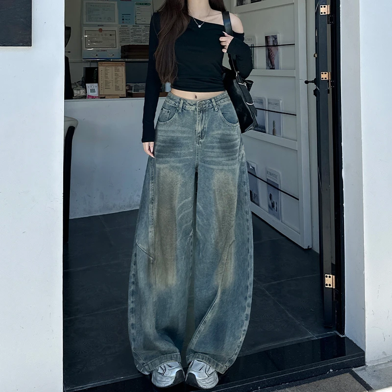 美式喷脏泼墨复古弯刀阔腿牛仔裤女2025秋季新款设计感宽松百搭