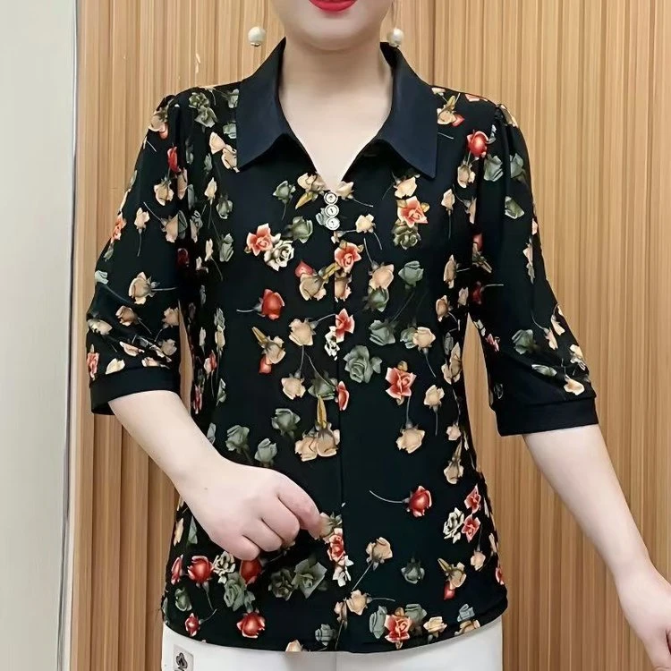 夏季新款中老年女高档花衬衫时尚妈妈装洋气大码宽松显瘦小衫上衣