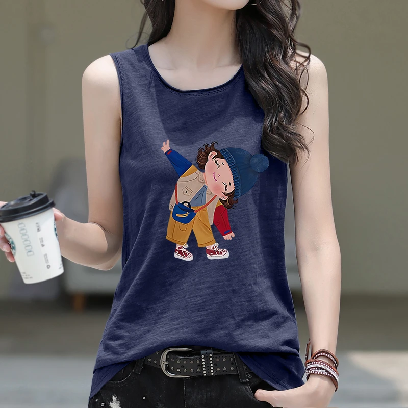 竹节棉宽松卷边圆领无袖t恤女士纯棉夏季韩版印花时尚洋气背心女