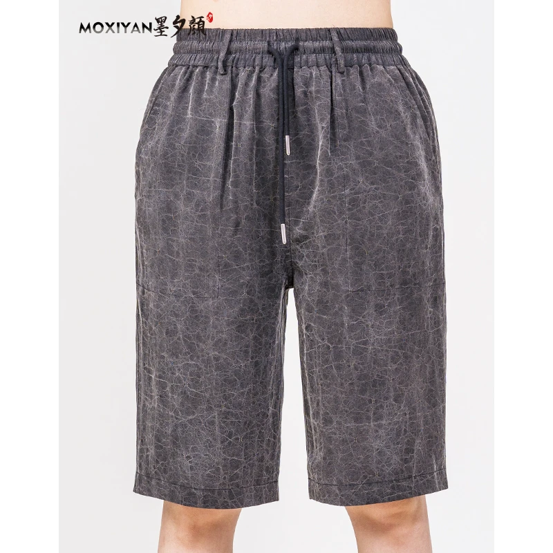 【墨夕颜】2025新款桑蚕丝香云纱男装 灰龟提花短裤-LC-152