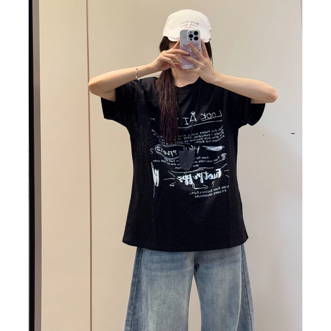 夏季新款女装重磅纯棉T恤短袖女宽松休闲百搭印花圆领上衣小众