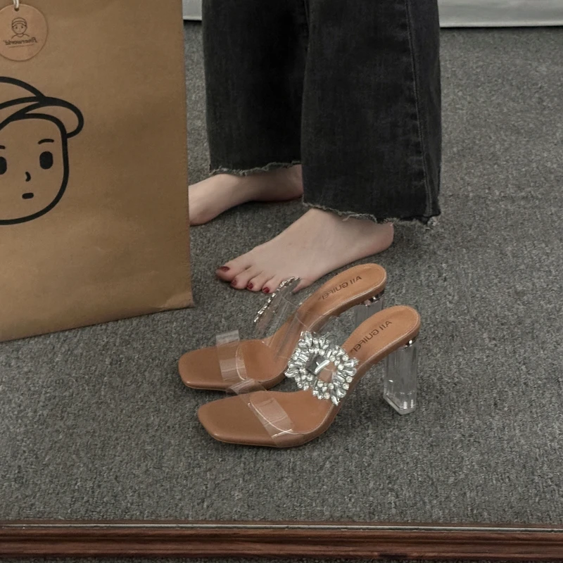 水钻圆头胶粘女搭扣法式时装凉鞋中跟凉拖鞋高跟鞋