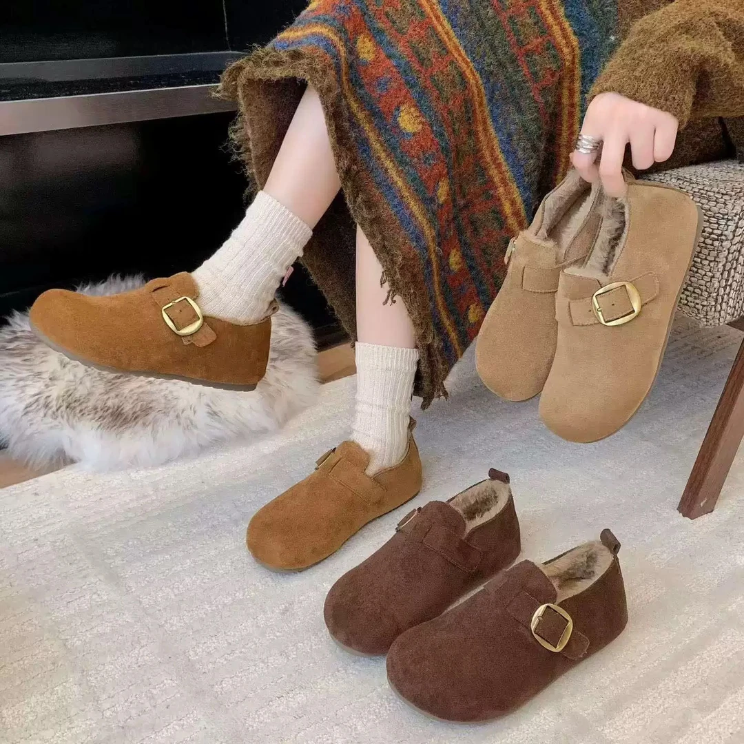 加绒全包勃肯鞋女2025秋冬新款勃肯鞋平底一脚蹬孕妇软底豆豆鞋子