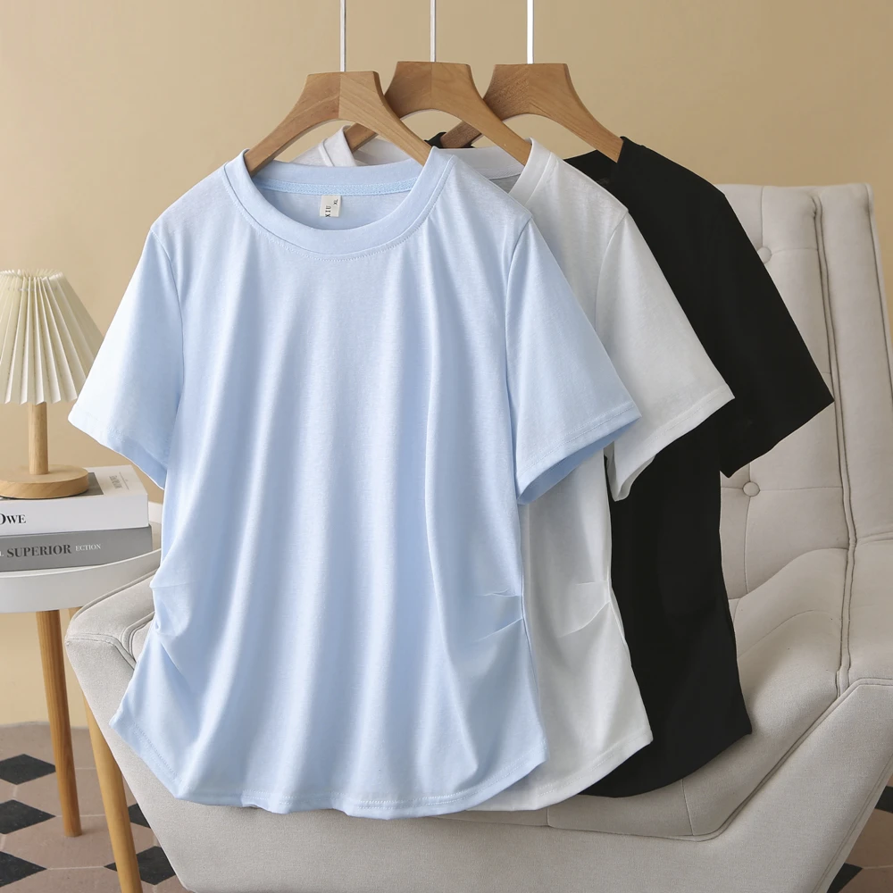 卡洛町大码女装120-200斤夏新款休闲百搭纯色圆领收腰褶皱T恤9669