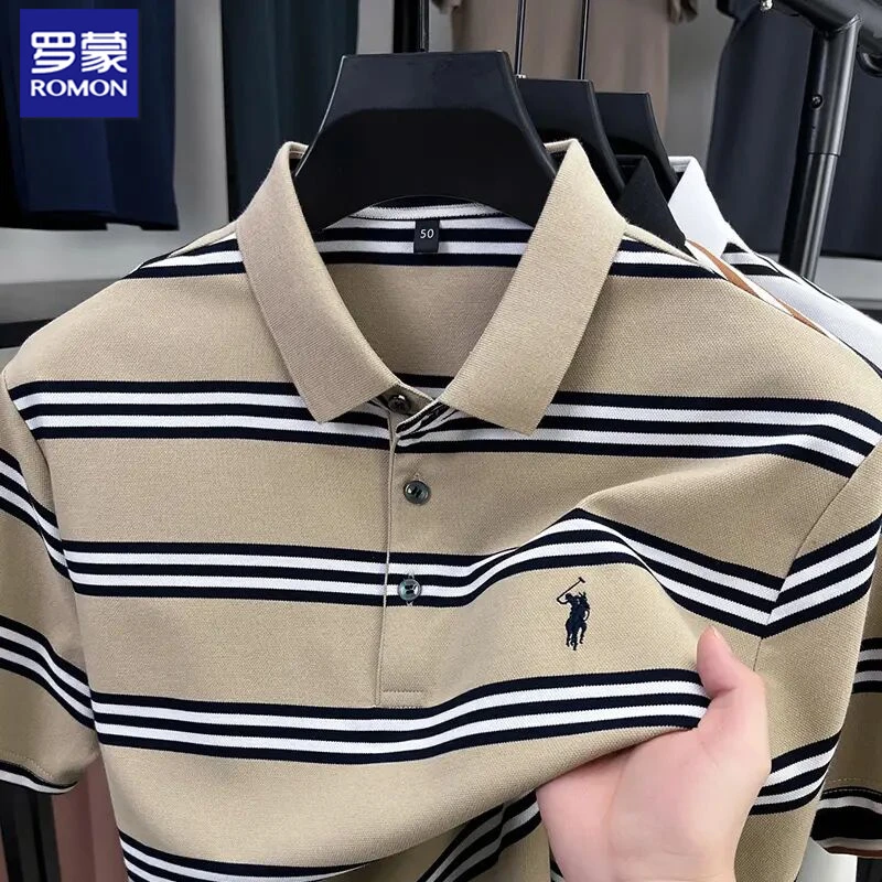 罗蒙青年男款夏季短袖休闲POLO衫刺绣百搭时尚条纹商务轻奢T恤衫
