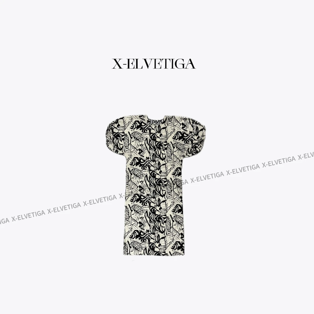 【X-ELVETIGA】浮生/时尚印花宽松版显瘦设计感中袖连衣裙