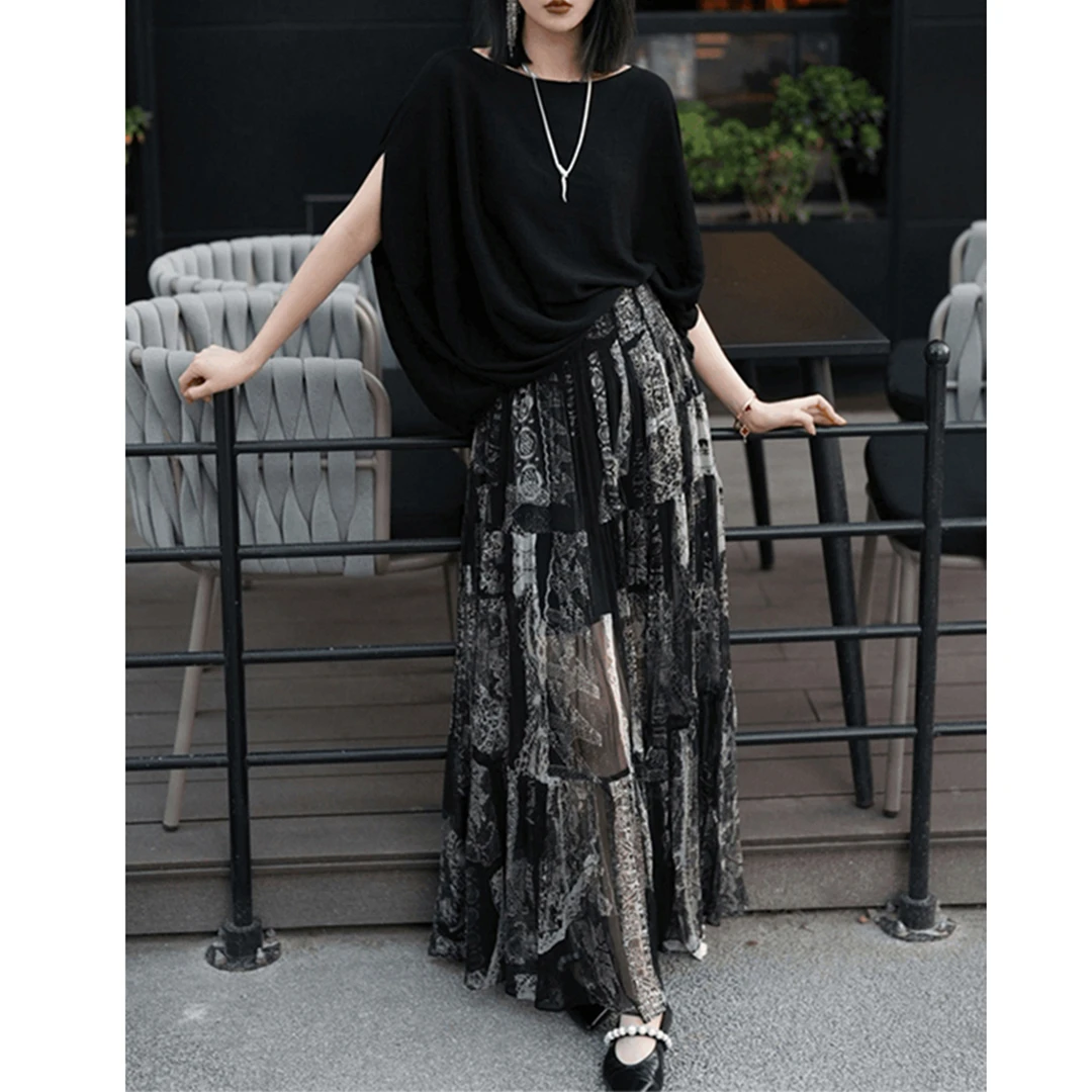 轻奢小众炸街高级感女装2025新款夏季蝙蝠袖上衣＋百搭半身裙套装