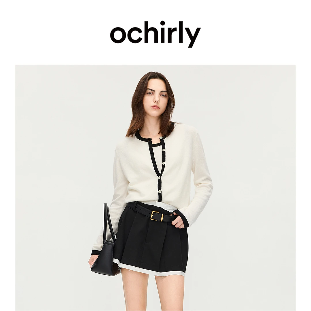 OCHIRLY欧时力 兔绒撞色针织外套女开衫毛衣软糯保暖2025秋季新品