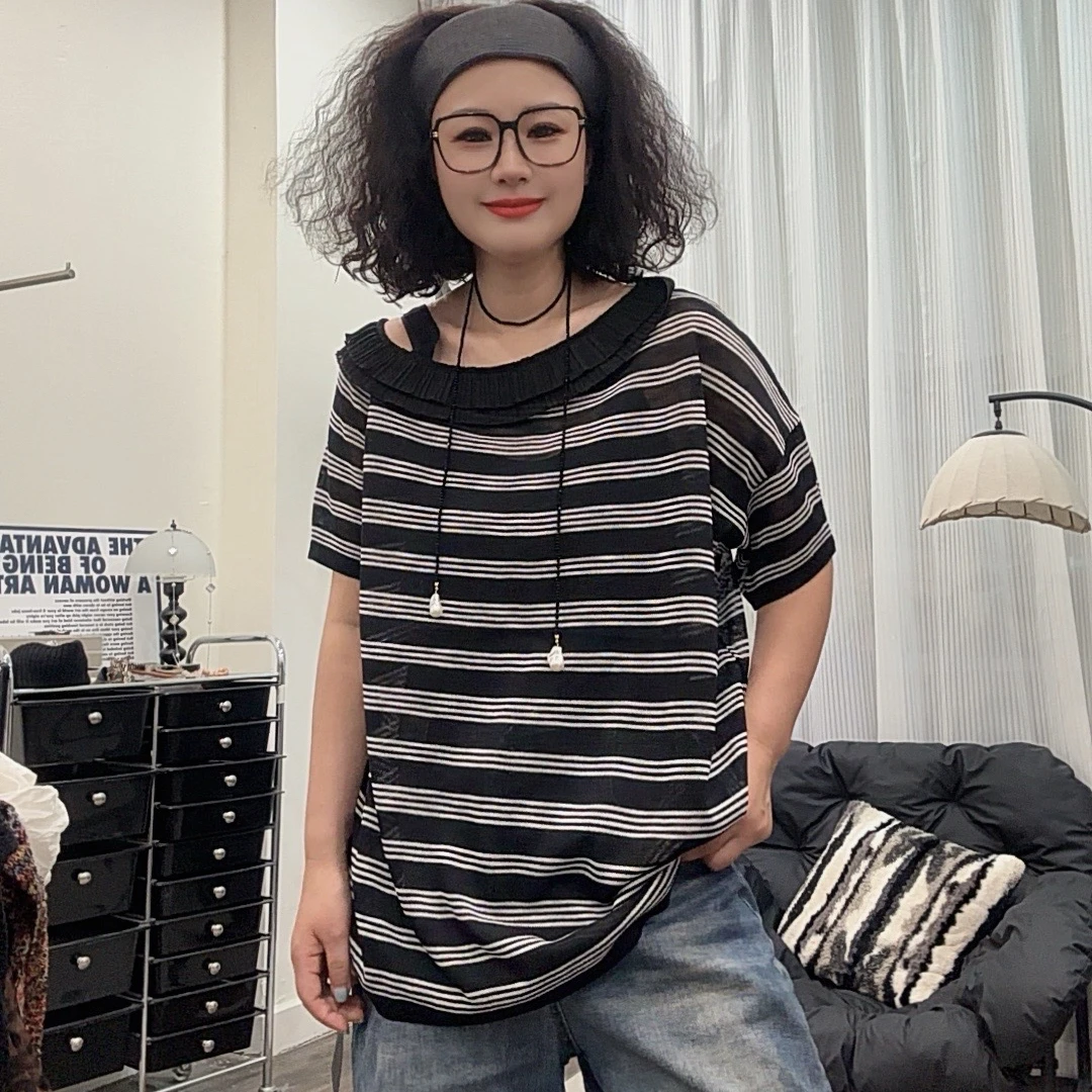 哆唛8525038款短袖竹结麻花边斜肩欧韩时尚潮流休闲夏季宽松T恤