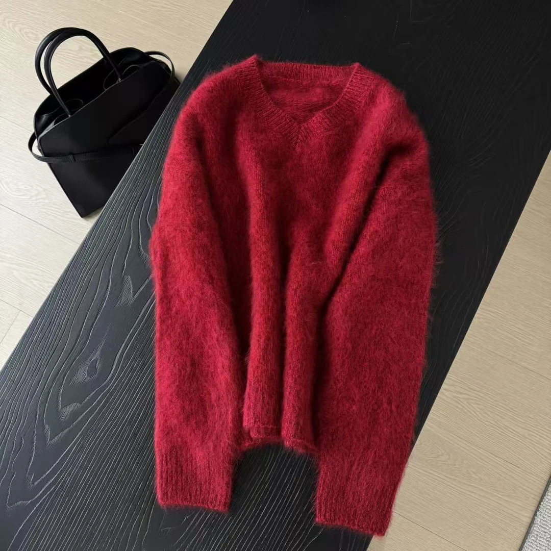 yuhee “圣诞红” 高品质宽松慵懒风绵羊毛拉毛V领毛衣