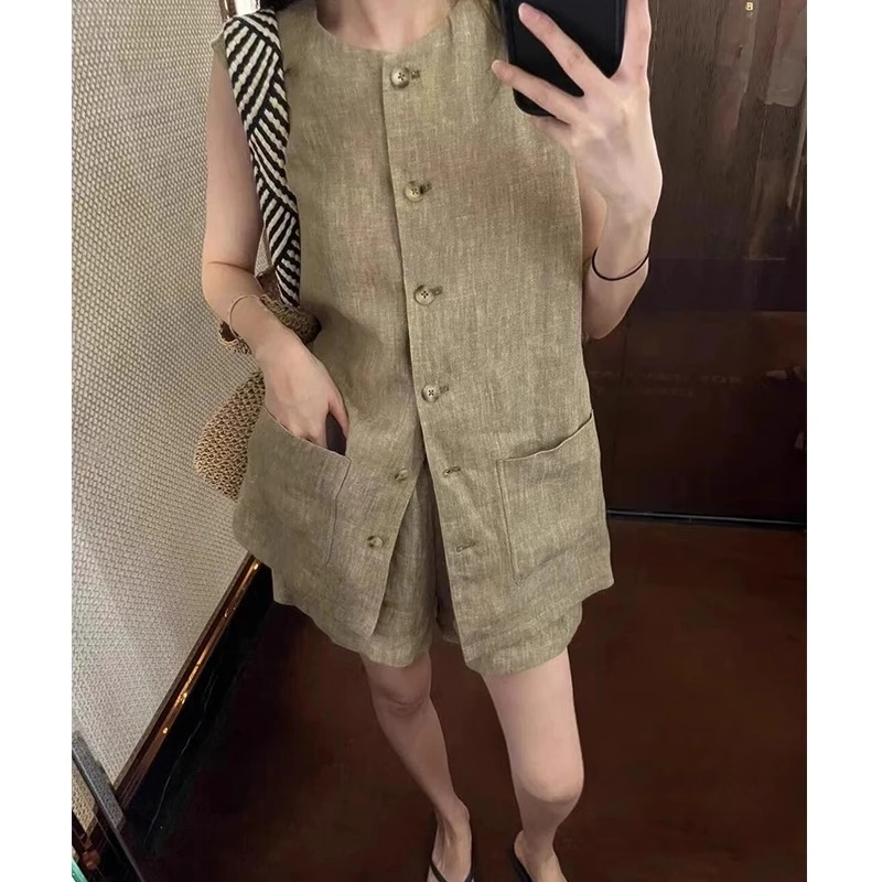 复古老钱风亚麻套装女夏季宽松百搭气质慵懒风马甲上衣短裤两件套