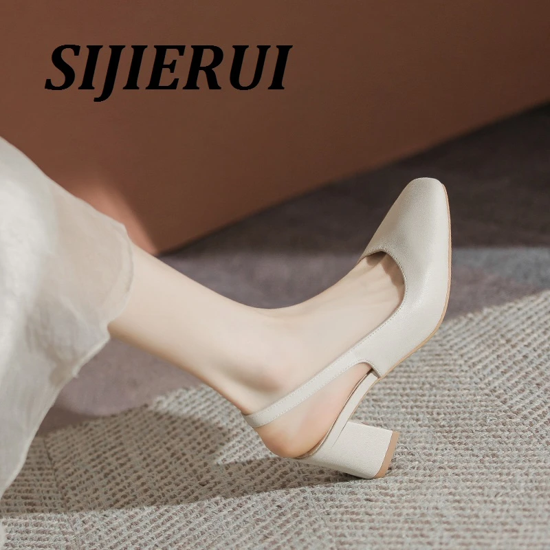 SIJIERUI包头粗跟单鞋女2025年春夏法式一字带中跟后空玛丽珍女鞋