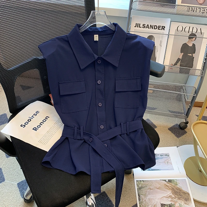 2025夏季polo领蓝色衬衫女高级感收腰减龄洋气设计感小众无袖上衣