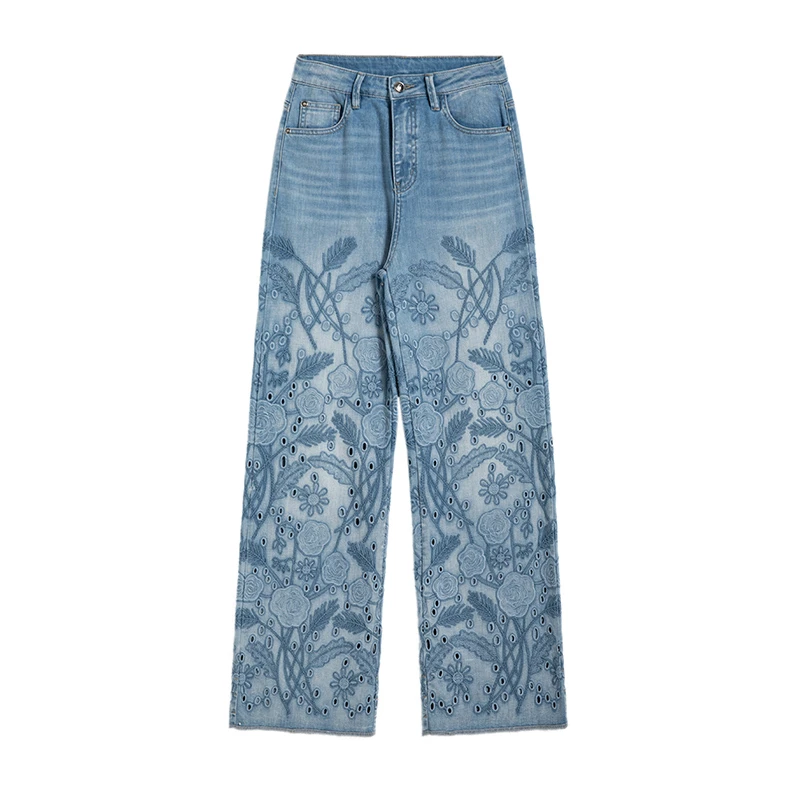 【安哥】夏季设计师新款蓝色玫瑰镂空绣花阔腿裤中高腰女装