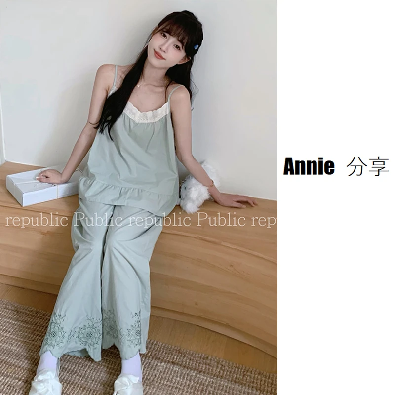 吊带长裤/仙女必备/韩国PB品牌/法式薄款棉布家居套装