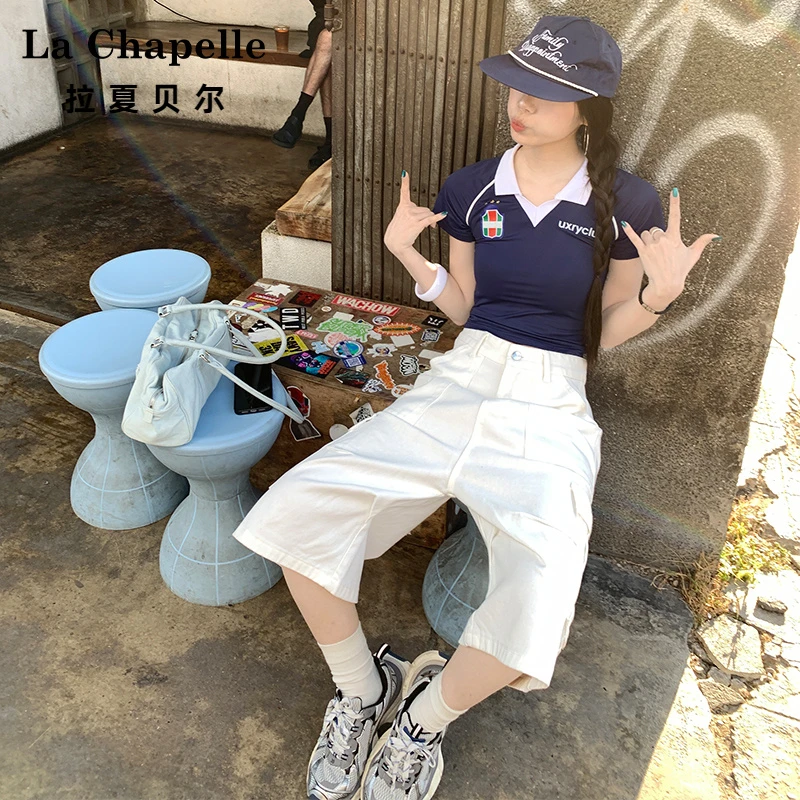 拉夏贝尔辣妹工装裤七分牛仔裤女秋季薄高腰显瘦休闲百搭宽松裤子