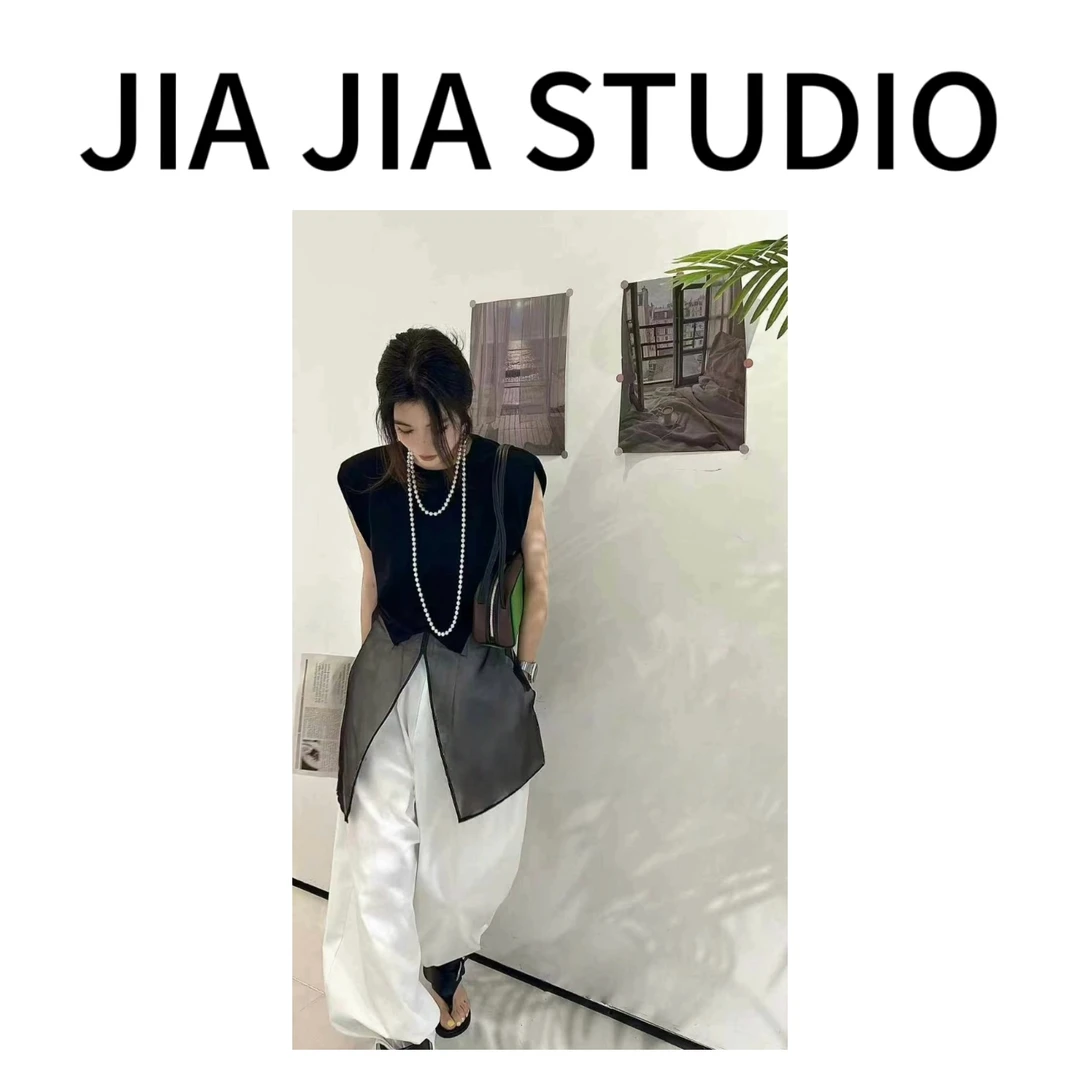 嘉嘉推荐#3020【夏款】气质网纱拼接开衩无袖上衣