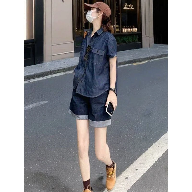 短袖牛仔衬衫套装女2025新款夏季港风复古宽松休闲短裤网红两件套