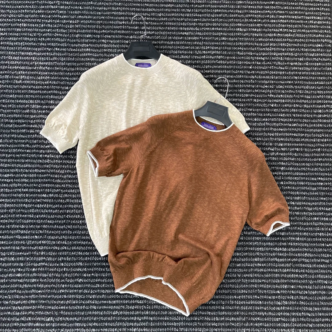 CssuGent那不勒斯经典老钱大地色棉麻针织短袖T恤男撞色插肩袖潮