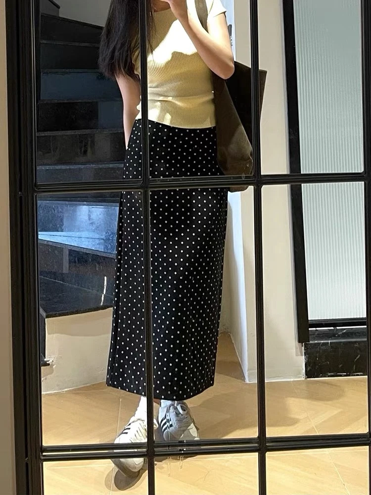 黑色波点休闲半身裙夏季高腰显瘦中长款a字裙显瘦半身裙中长裙