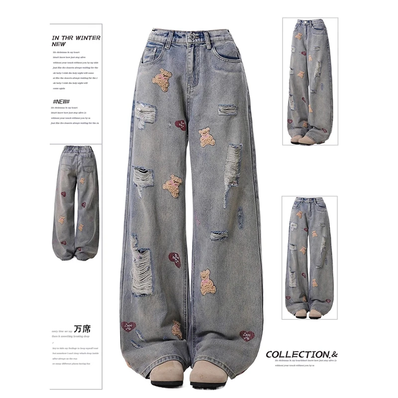 胖mm大码小熊刺绣设计破洞牛仔裤女新款美式复古宽松显瘦直筒裤子