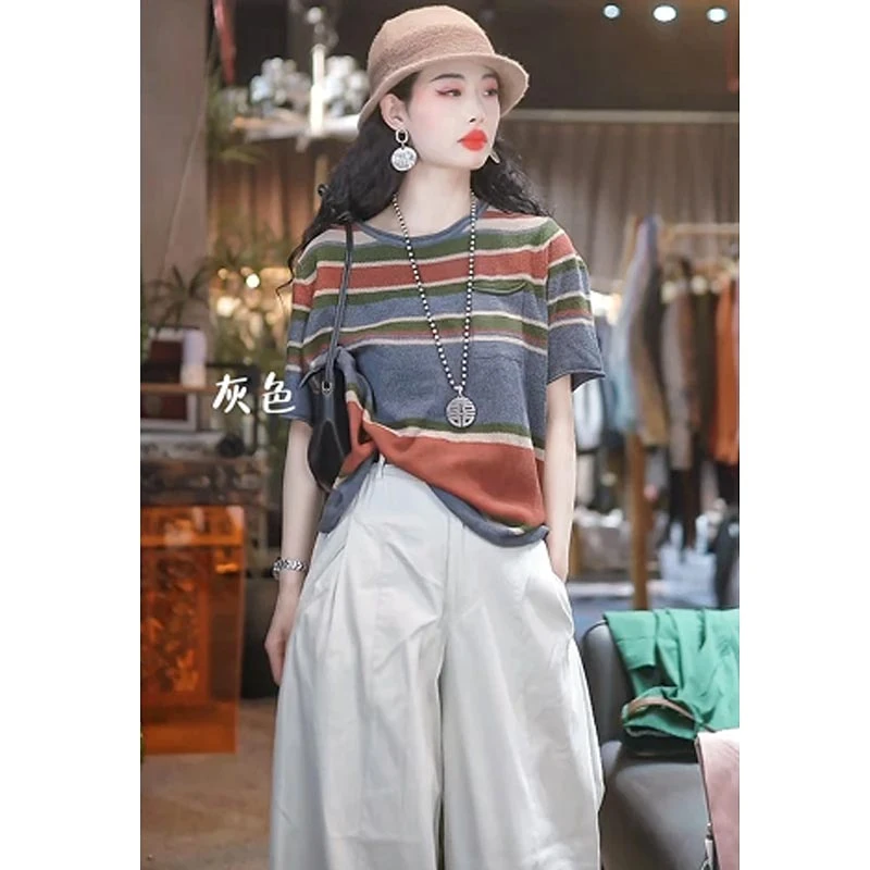 2025春秋韩式新款时尚圆领条纹口袋设计感短袖T恤女百搭打底上衣