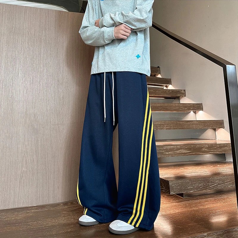 春秋新款青少年直筒宽松潮流百搭条纹垂感长裤男生美式运动休闲裤