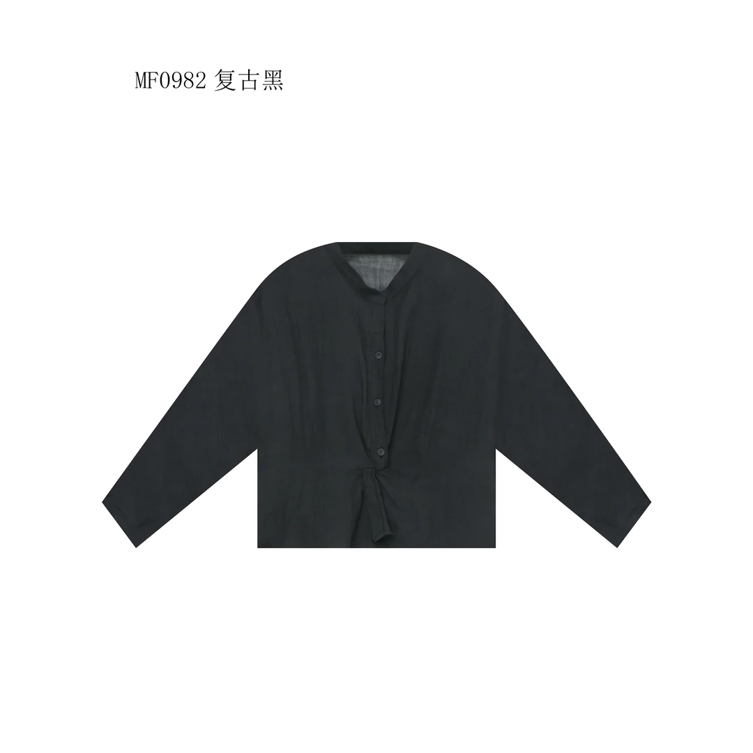 【麻訪家】MF0982复古黑文艺气质简约宽松百搭长袖上衣